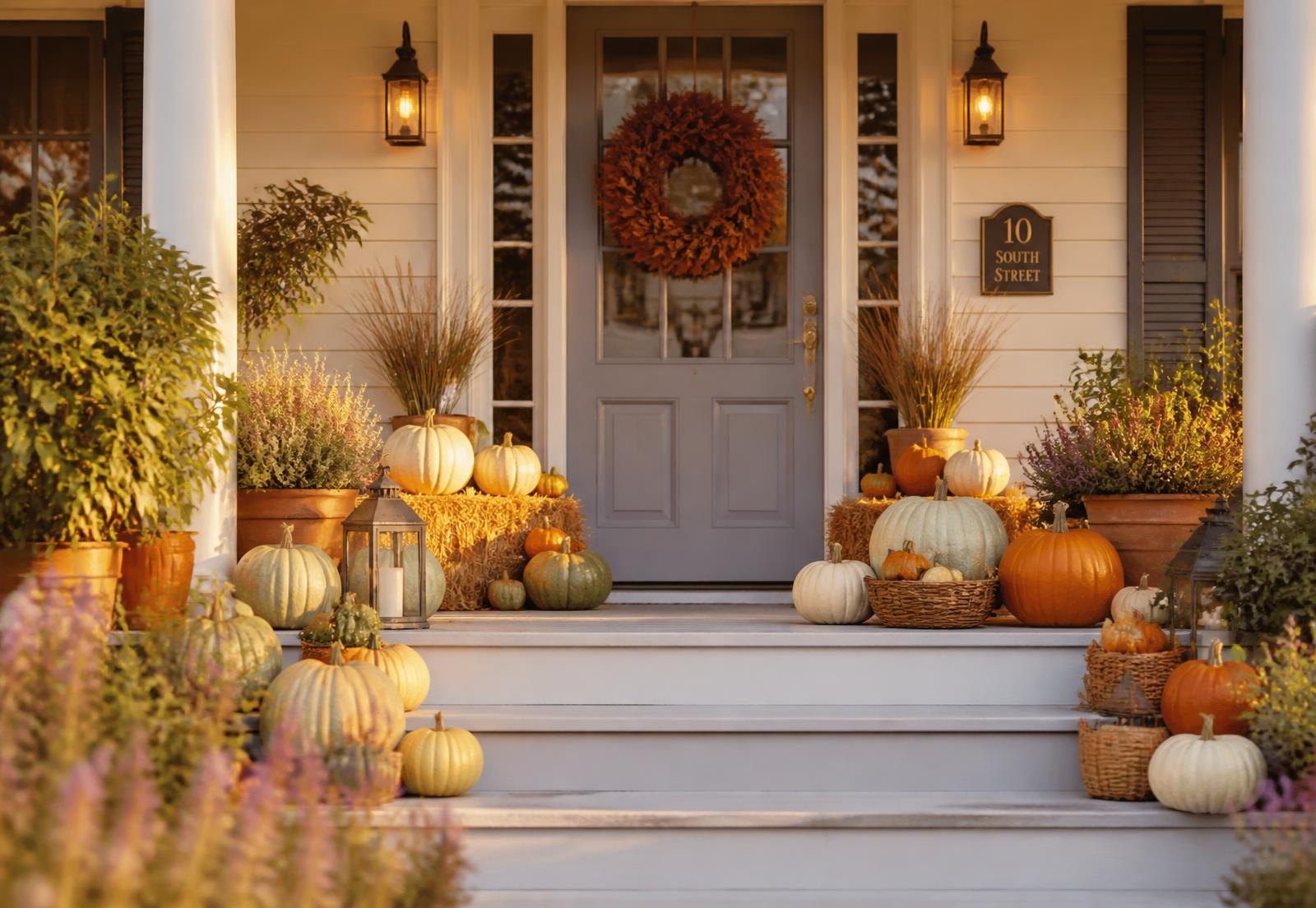 Front porch styled with layered orange, white, and sage pumpkins, gourds, and hay bales at golden hour
